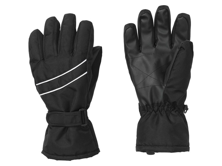 Ein Paar schwarze Handschuhe mit weißen Akzenten.