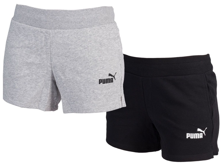 Zwei Paar graue und schwarze Puma Sport Shorts.