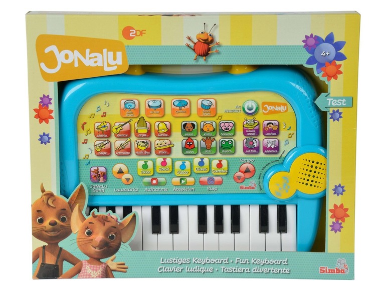Ein blaues Spielzeug-Keyboard von JoNaLu mit verschiedenen Geräuschen und Simba-Logo.