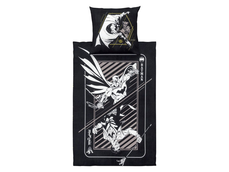 Ein schwarzer Batman Bettbezug mit Bildern von Batman und dem Joker.