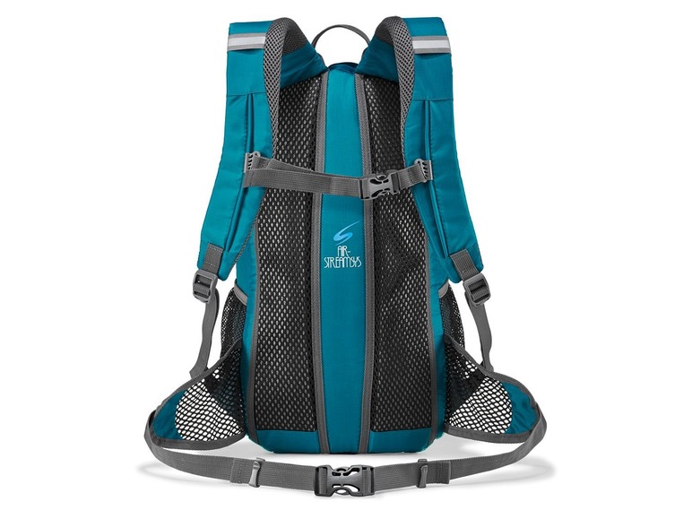 Ein türkisfarbener Rucksack mit Netzfächern und dem Air Stream Logo.