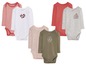 Baby-Bodys mit langen Ärmeln in verschiedenen Farben und Mustern, darunter Streifen und ein 'Little Wild'-Design.