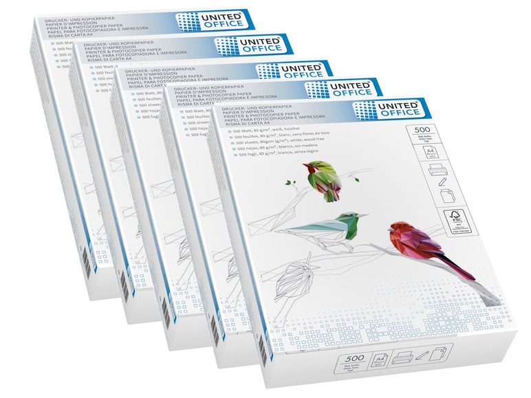 Packungen mit 500 Blatt United Office A4-Papier, holzfrei, weiß