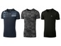 Drei Crivit T-Shirts mit unterschiedlichen Designs, darunter ein Camouflage-Muster.