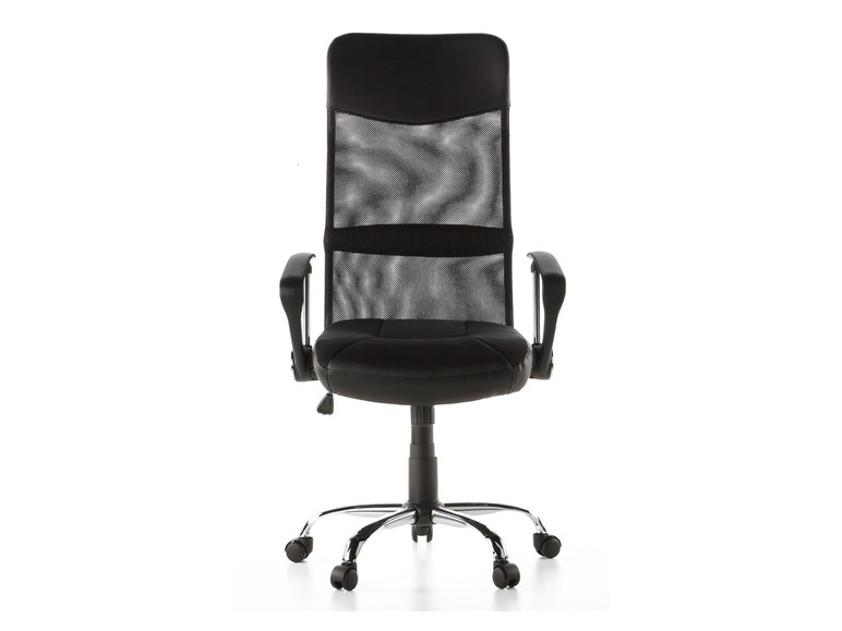 Schwarzer Bürostuhl mit Mesh-Rückenlehne.