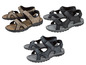 Drei Paar Sandalen in Braun, Schwarz und Blau.