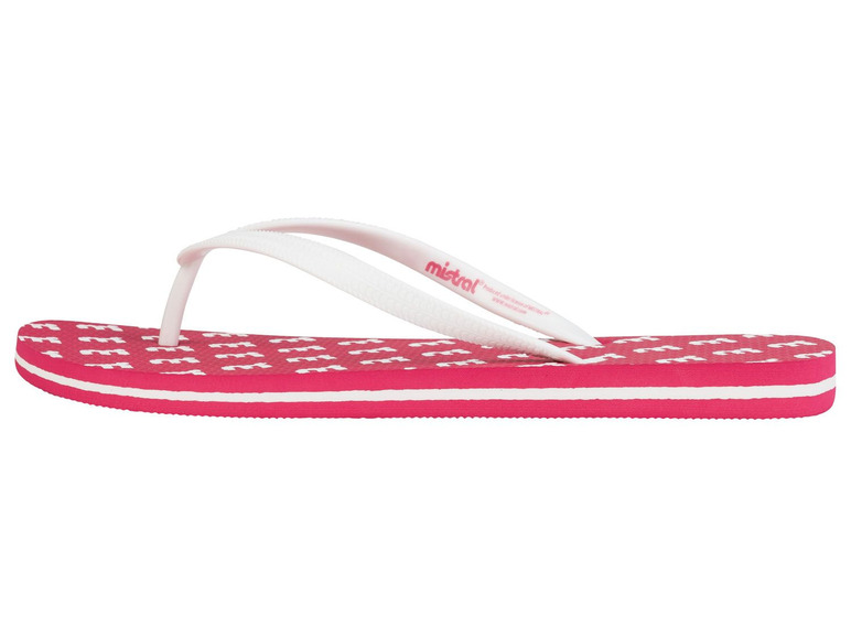 Ein Paar rosa Flip-Flops mit weißen Riemen von Mistral.