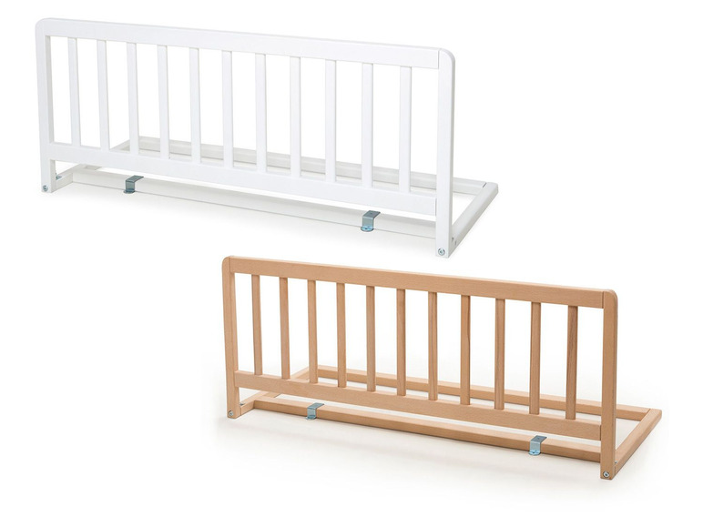 Weiße und hölzerne Bettschutzgitter für Kinder.