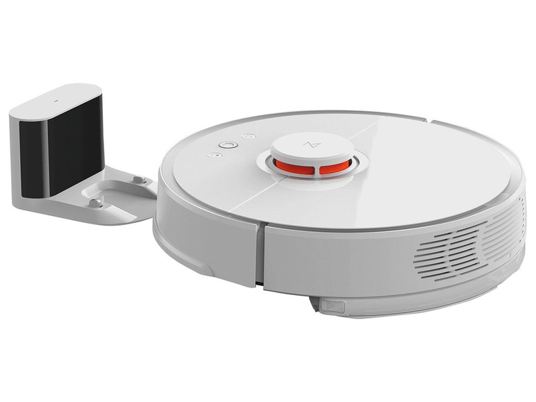 Ein weißer Roboterstaubsauger mit Ladestation.