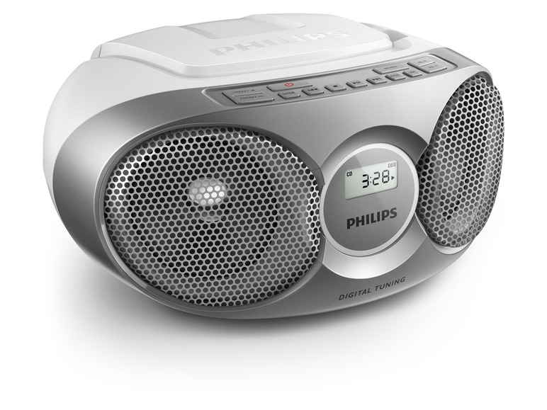 Ein silberner Philips CD-Player mit zwei Lautsprechern.