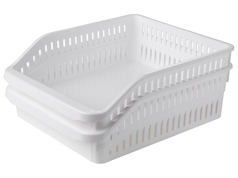 Zwei weiße Kunststoff-Aufbewahrungskörbe mit Gittermuster.