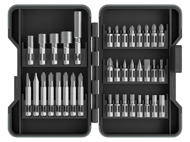 Ein Schraubendrehersatz mit verschiedenen Bits in einem Aufbewahrungskasten.