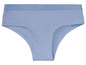 Blaue Unterhose mit weißen Punkten.
