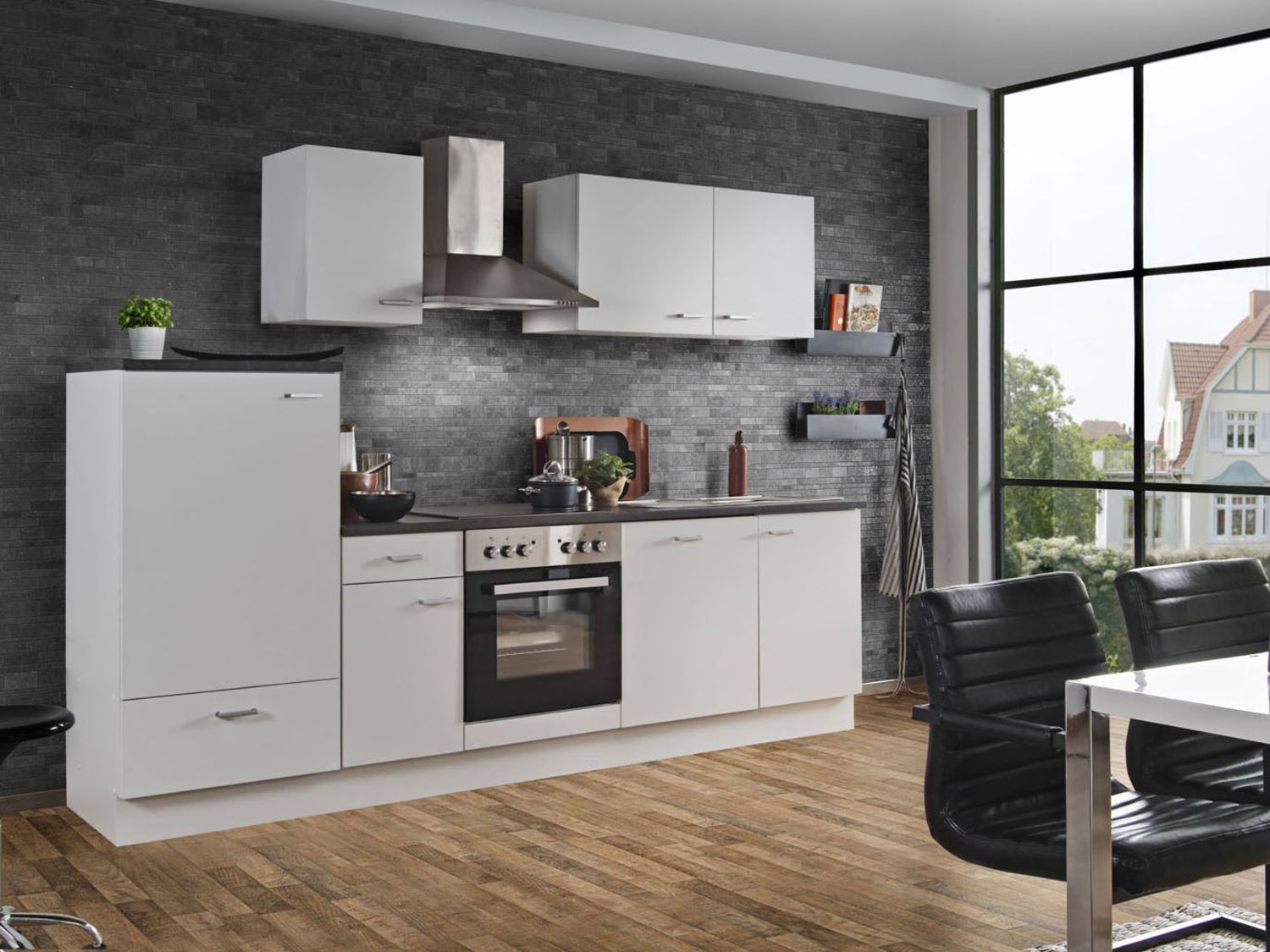 Menke Küchenzeile „Classic“ 270/280/300/310 cm (Geschirrspüler, frei Bordstein, Weiss matt, 270 cm) | 04039354112073