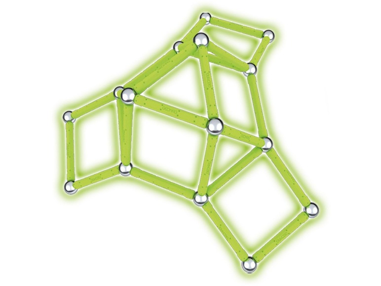 Ein Geomag Baukasten mit magnetischen Stäben und Kugeln in Grün.