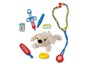 Ein Spielzeug-Tierarztset mit Stethoskop, Spritze, Thermometer und einem Plüschhund.