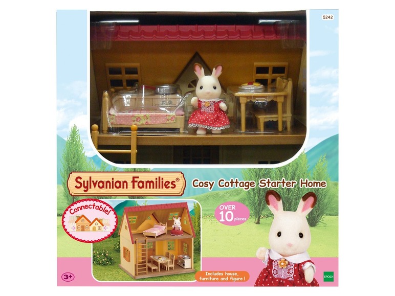 Ein Sylvanian Families Starter Home mit einem Haus, Möbeln und einem Kaninchen.
