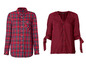 Zwei rote karierte Damenblusen, eine mit langen Ärmeln und eine mit 3/4 Ärmeln.