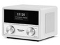 Ein weißes TechniSat Digitradio 80 mit Radio, Uhr und Wecker.