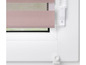 Ein rosa und weißes Rollo an einem Fenster.