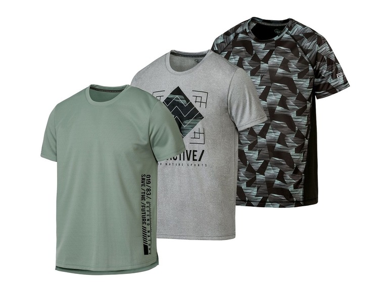 Drei T-Shirts mit geometrischem Muster und Sportthema