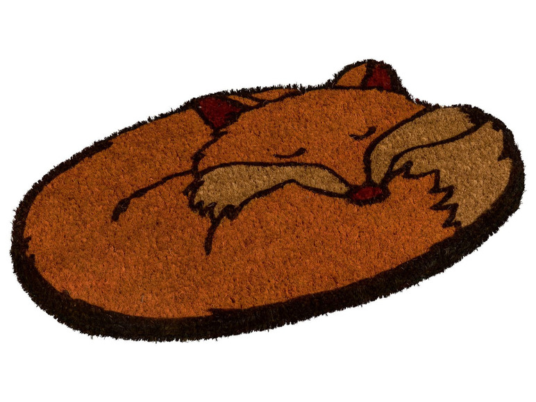 Eine Fußmatte mit einem schlafenden Fuchs darauf.