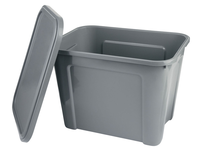 Eine graue Plastik-Aufbewahrungsbox mit Deckel.