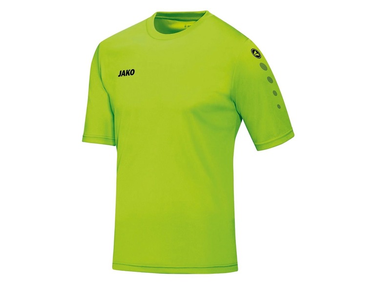 Ein grünes JAKO Fußballtrikot mit kurzen Ärmeln.