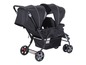 Ein schwarzer Doppelkinderwagen mit zwei separaten Sonnendächern.