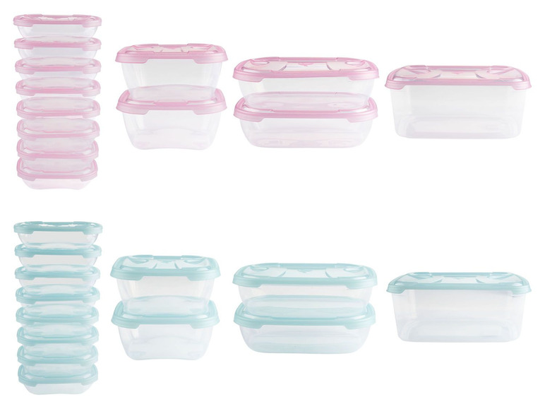 Ein Set rosa und blaue Kunststoff-Aufbewahrungsboxen.