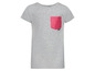 Graues T-Shirt mit rosa Pailletten-Tasche.