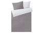 Ein grauer Bettbezug mit einem weißen geometrischen Muster.