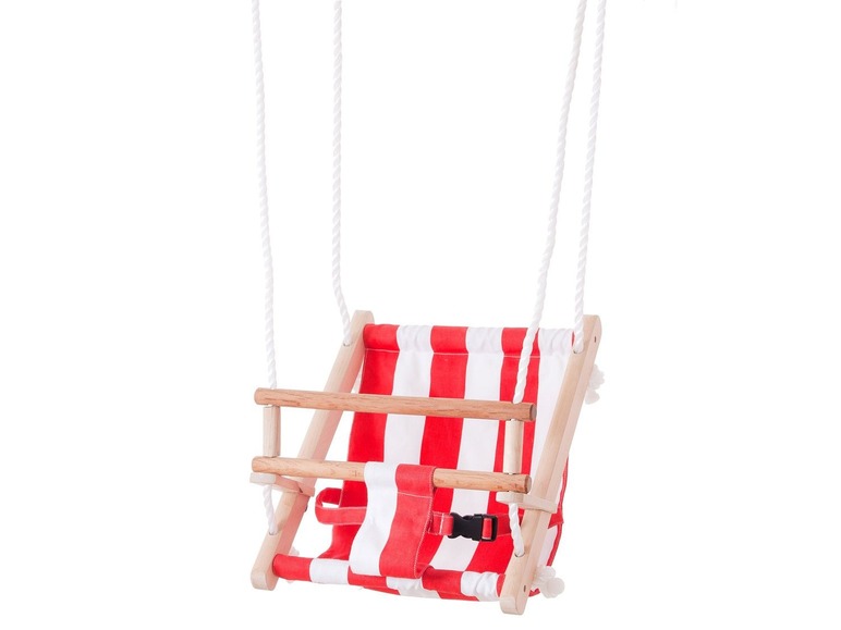 Ein rotes und weiß gestreiftes Babyschaukel mit Holzrahmen.