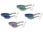 Vier Pfannen-Sets mit Spatel, in blau, grün und grau.