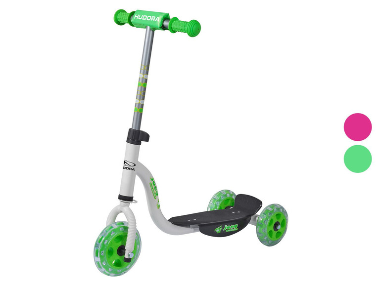 Weißer Roller mit grünen Rädern und Lenker, Marke Hudora