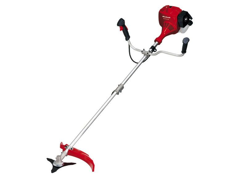 Ein roter Einhell Freischneider mit langem Stiel.