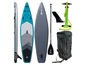 Ein aufblasbares Paddleboard-Set mit Explorer Paddleboard, Paddel, Pumpe und Rucksack.