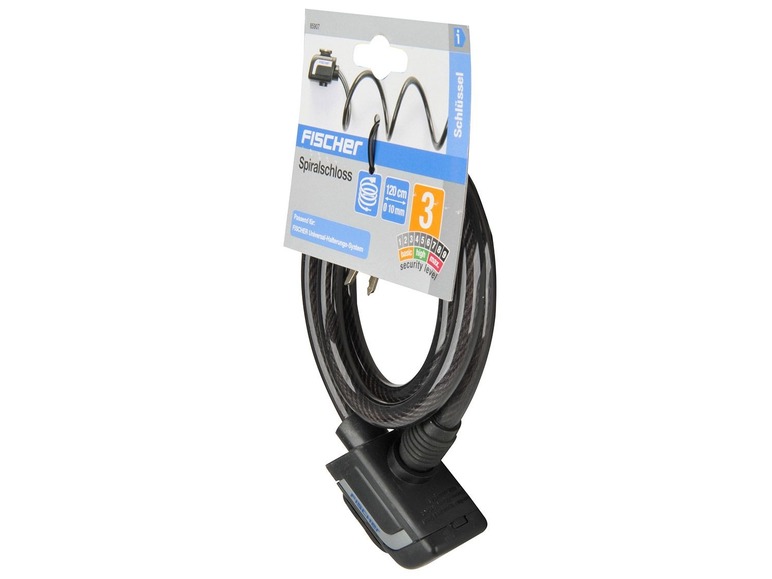Ein schwarzes Spiralschloss von Fischer mit einer Sicherheitsstufe von 3.