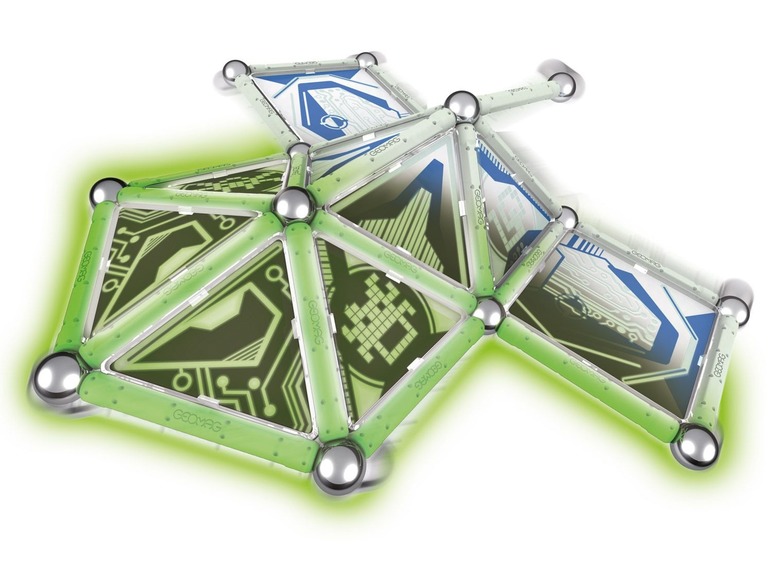 Geomag Magnetstäbe in Grün mit silbernen Kugeln bilden ein geometrisches Muster.