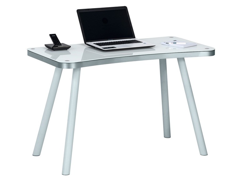 Gehe zu Vollbildansicht: Maja Computertisch »Simon«, konkave Schreibtischkante vorne, mit Metallfüßen, Weißglas - Bild 3