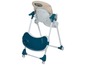 Ein blauer und beiger Hochstuhl mit abnehmbarem Tablett.