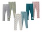 Sechs verschiedene Leggings für Mädchen, darunter gestreifte, gepunktete und rosa mit Herzen.