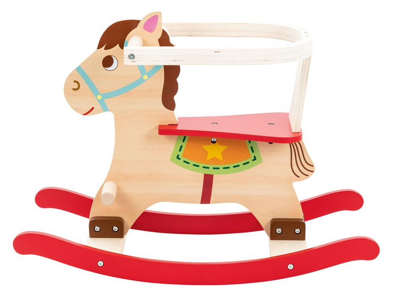 Ein Holz-Schaukelpferd mit Griffen für Kinder.