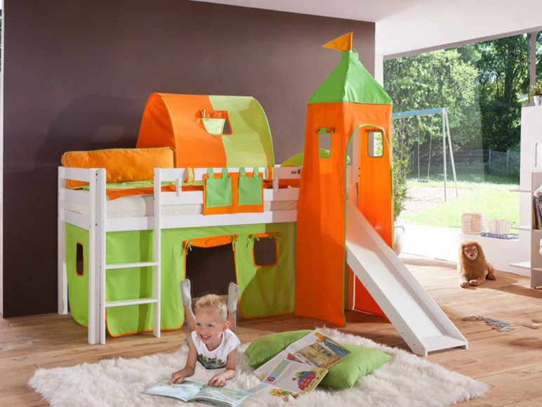 Gehe zu Vollbildansicht: Relita Spielbett Hochbett Kinderbett ALEX mit Rutsche/Turm/Tunnel Buche massiv weiß lackiert mit Stoffset - Bild 2