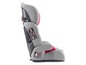 Grauer Autositz mit rosafarbenen Akzenten für Kinder.
