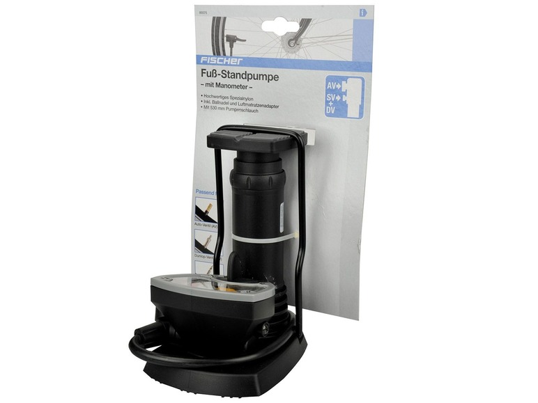 Eine schwarze Fußpumpe von Fischer mit Manometer.