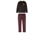 Pyjama mit schwarzem Oberteil und rot karierter Hose.
