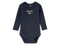 Dunkelblauer Babybody mit dem Aufdruck 'happy day'.