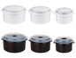 Ein Set mit drei weißen und drei schwarzen Plastikbehältern mit Deckel.