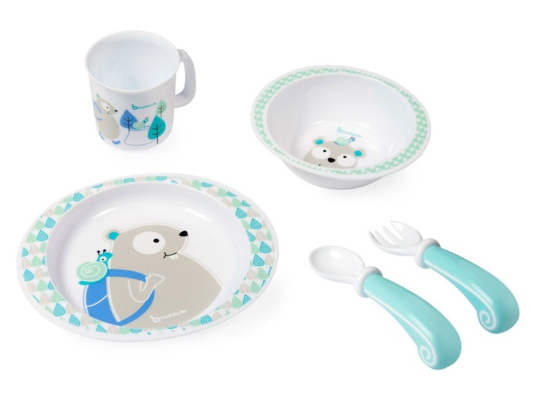 Ein Babymoov Baby-Set mit Teller, Schüssel, Löffel, Gabel und Becher.